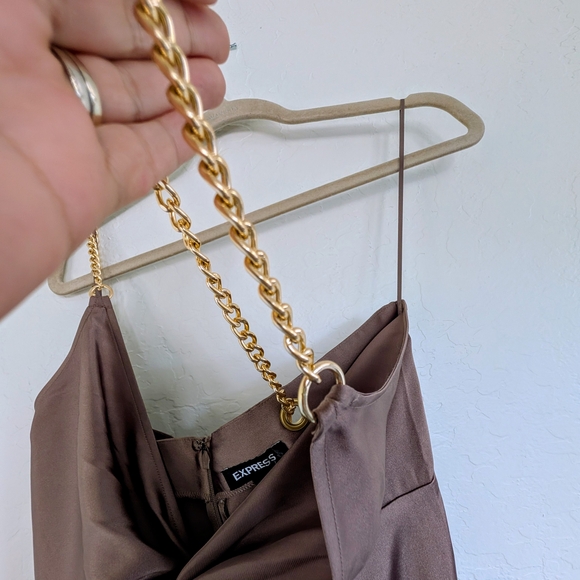 Express Satin Slip Dress in Mauve Taupe with Chain Straps Midi - Picture 8 of 12